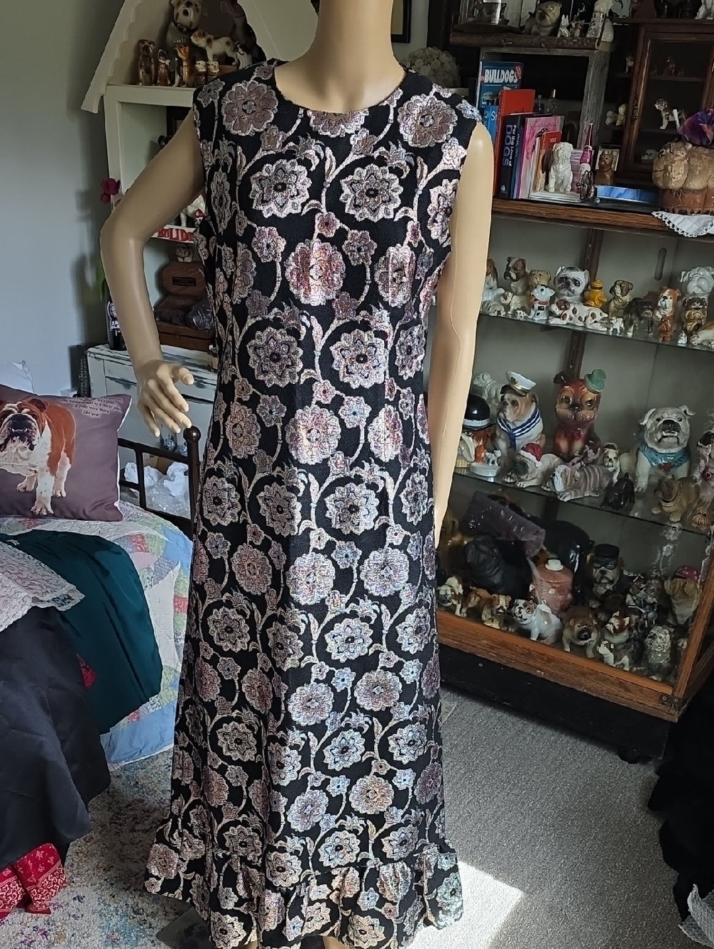 1970s Sleeveless Black And Metallic Floral Maxi Dress